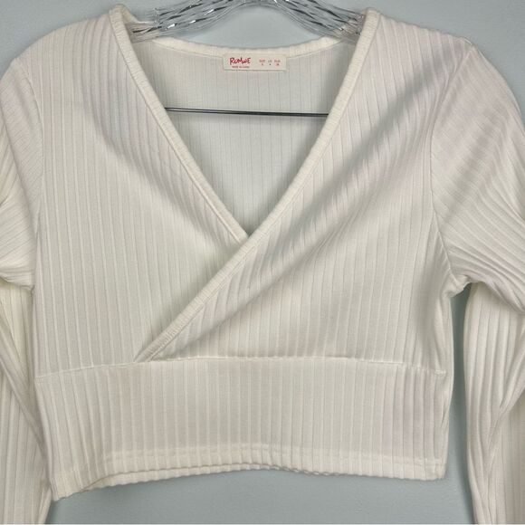 Romwe Ribbed V-Neck Long Sleeve Cropped Faux Wrap Top White Sz 4 - Picture 4 of 13